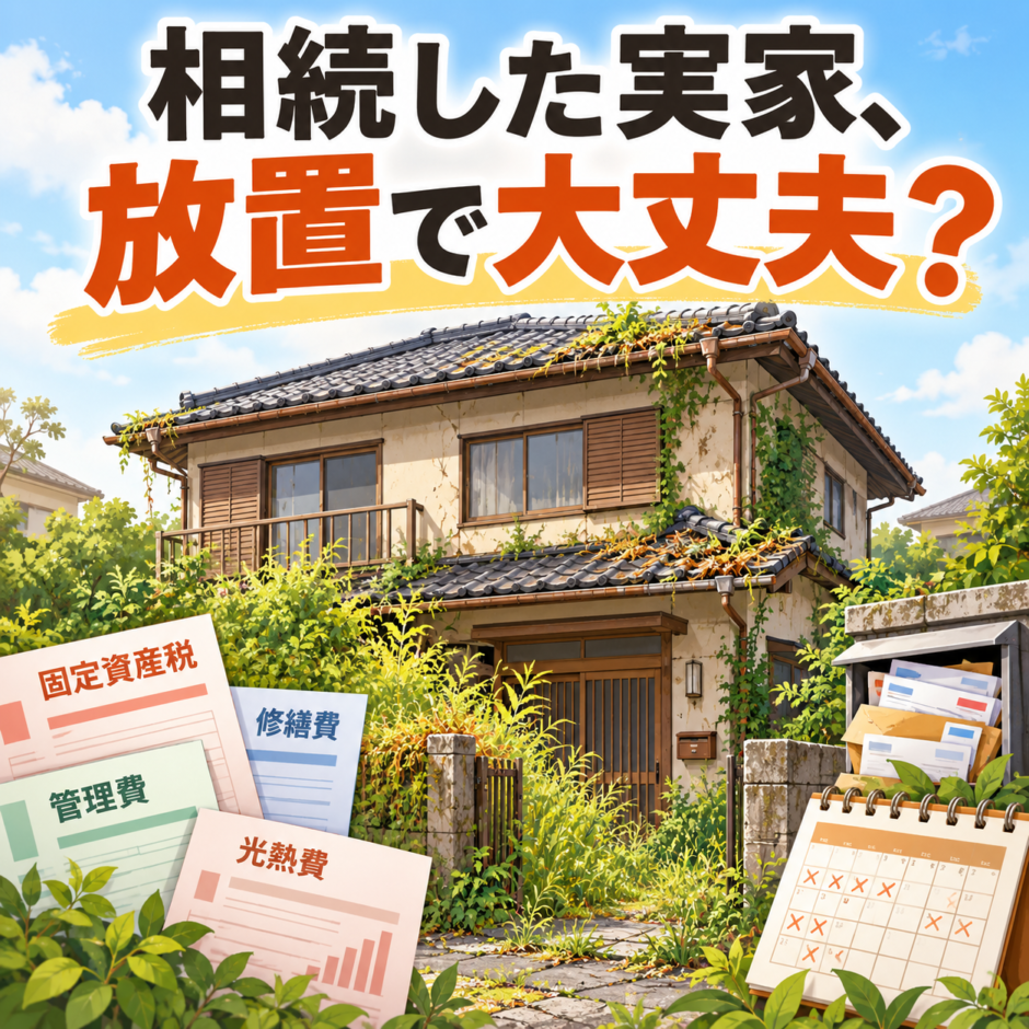 雑草が伸びた空き家と固定資産税・修繕費などの費用を示すイラスト