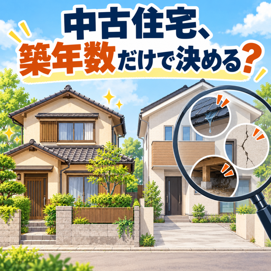 手入れされた中古住宅と、屋根・外壁・床下の状態を確認するイラスト