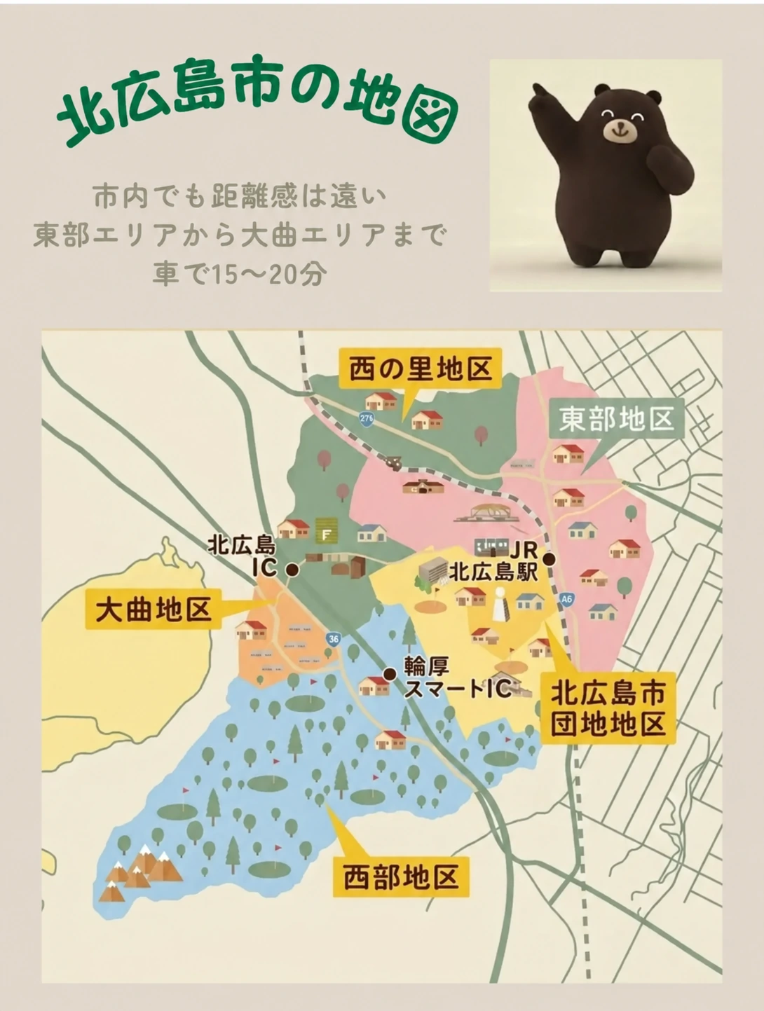 北広島市の5地区の位置関係を紹介するイメージ地図。東部、北広島団地、西部、大曲、西の里