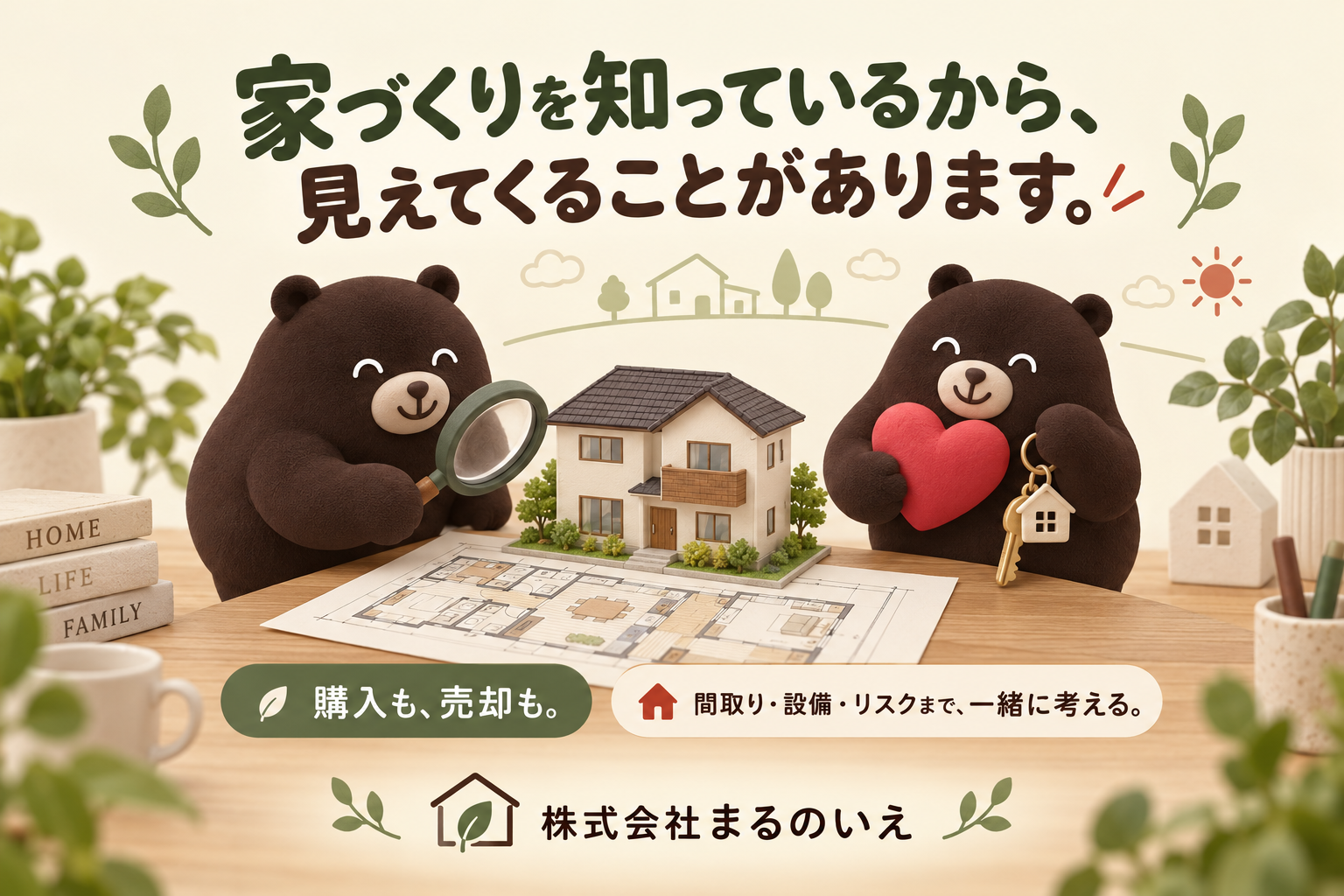 家づくりを知っているから、見えてくることがあります。購入も売却も、間取り・設備・リスクまで一緒に考える、まるのいえ。